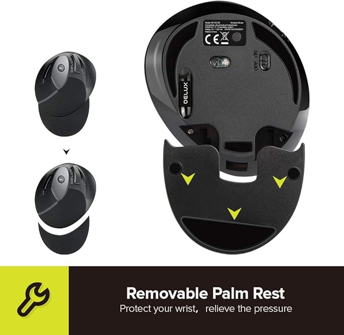 DELUX Ergonomic Vertical Mouse Wireless, Rechargeable Vertical Mouse, Bluetooth/2.4G Dual Mode, Slient Click, Removable Wrist Rest, 800/1200/1600DPI Levels, 6 Buttons, for Laptop/PC (M618G DB-Black)