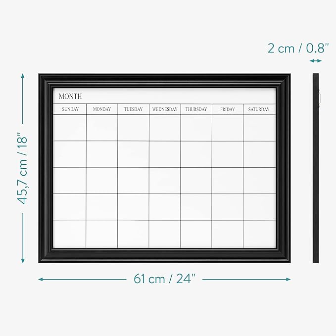 Navaris Framed Calendar Whiteboard for Wall - 18" x 24" Magnetic Dry Erase Monthly Planner - White Board with Frame - Includes Magnets and Marker