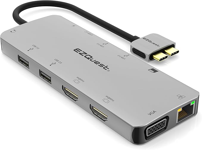 EZQuest USB C Hub 13 in 2 with 2 HDMI 4K, VGA, 1GBS Ethernet, 2USB A 3.0 Ports, 2 USB A 2.0 Ports, SD/Mico SD and Audio Port for Work and Travel - for MacBook Pro & Air