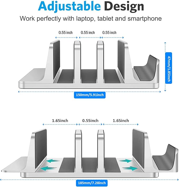 Vertical Laptop Stand [Updated Version],3-Slot Desktop Stand Holder with Adjustable Dock,4 in 1 Design Aluminum Space-Saving Laptop Stand for Desk MacBook/Surface/Samsung/HP/Dell/Chrome Book (Silver)