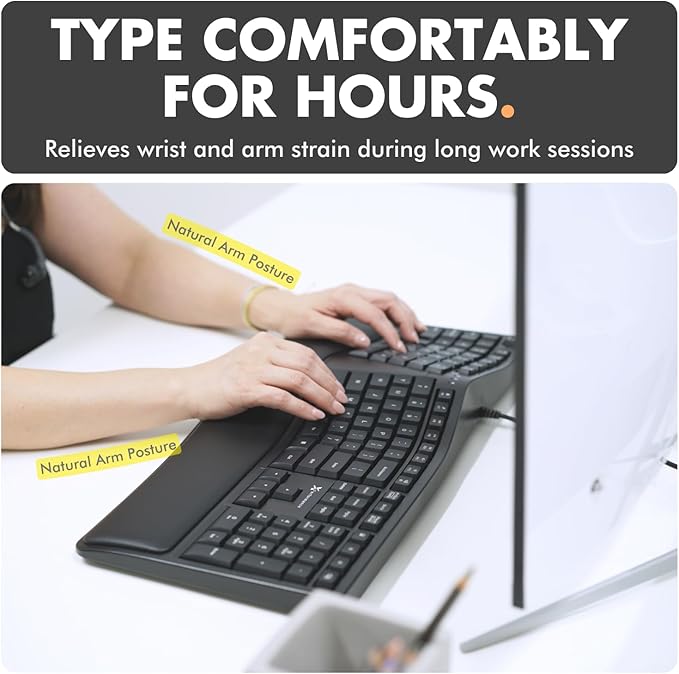 X9 Wired Ergonomic Keyboard with Cushioned Wrist Rest - Type Comfortably Longer - USB Wired Split Keyboard for Laptop, PC & Chrome Computer with 110 Ergo Keys & 5ft Cable