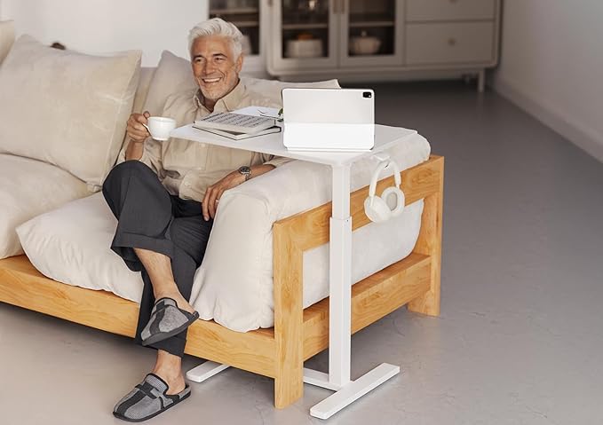 Claiks Mobile Overbed Table with Wheels - 25.5" Adjustable Height Standing Desk for Hospital & Home Use, 22lbs Capacity, Ergonomic Rolling Laptop Cart, White