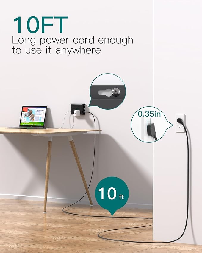 10FT Flat Plug Extension Cord with Multiple Outlets, Surge Protector Power Strip 10 ft Cord, 8 Outlets 4 USB Ports (2 USB C), Multi Outlet Wall Plug for Home Office College Dorm Room Essentials, Black