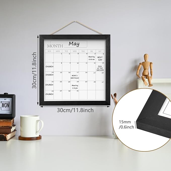 Umtiit Monthly Calendar Dry Erase Whiteboard 11.8 x 11.8 inch(30 x 30 cm), Black Wood Frame, Magnetic Surface Whiteboard for Planning/Schedule/School Timetable/Memo(YLBB-3030BK,US)