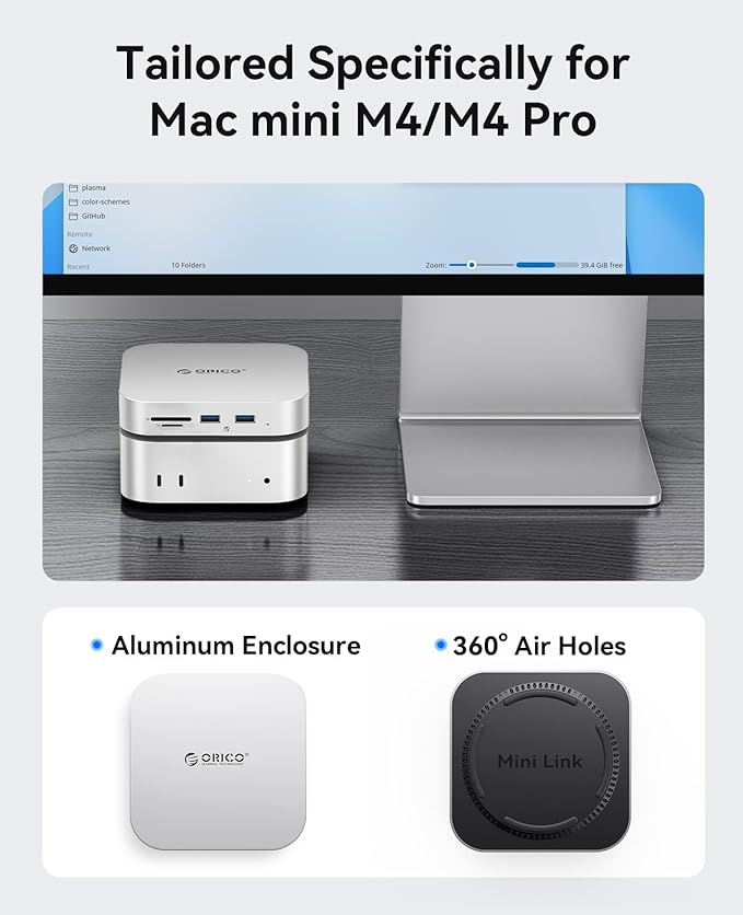 ORICO MiniLink Mac mini M4 Dock & Stand, Hub with 2 × USB 3.0 Ports (5Gbps), 2 × USB 2.0 Ports, SD/TF Card Readers (3.0), 3.5mm Headphone & Microphone Jacks, Compatible with Mac mini M4/M4 Pro (M48P)