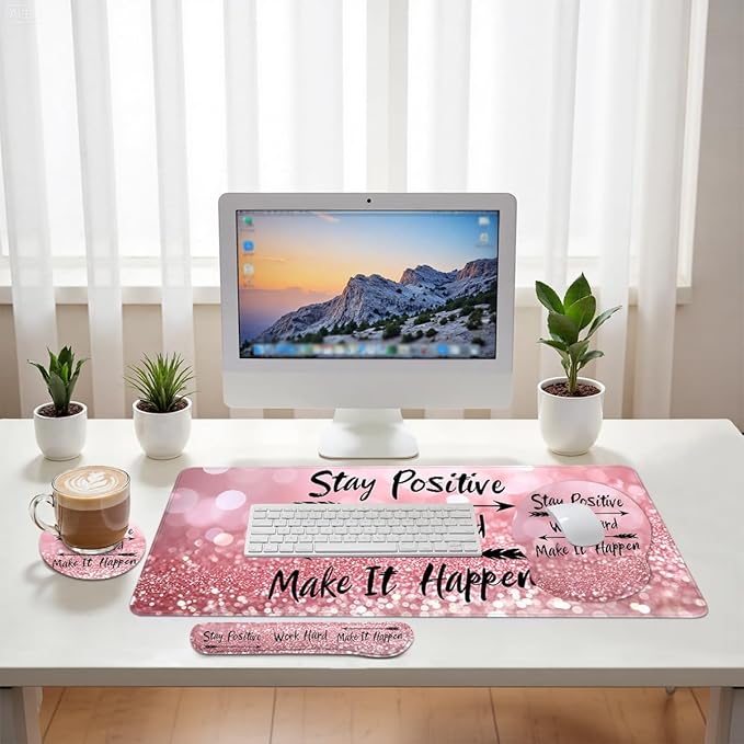 Motivational Quote Mouse Pad Set Stay Positive Work Hard Pink Gaming Mousepad 4in1 Desk Mat for Desktop Wrist Support Cup Coaster Set Ergonomic Computer Desk Arm Wrist for Decor Home Office