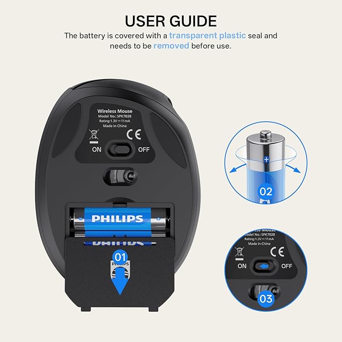 Philips Ergonomic Mouse - Vertical Mouse with 800/1200/1600 Adjustable DPI, 6 Silent Buttons Design for S/M Hands, Auto Power Saving, Light Weight, 2.4GHz Wireless Mouse for Laptop, Desktop, PC-Black