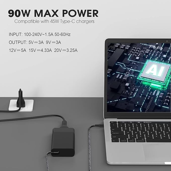 NEW Slim 90W USB C Laptop Charger Replacement HP Spectre x360 HP 904144-850 904082-003 adp-90fe 2ln85aa USB-c Power Adapter Type C AC Adapter Power Supply Cord