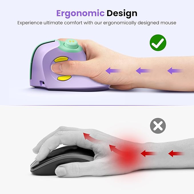 seenda Ergonomic Mouse Wireless, MOU-302 Bluetooth Vertical Mouse Rechargeable, Optical Mice with 1000/1600/2400 DPI, Volume Knob, 3 Multi-Device Connectivity for Computer/PC/Laptop/Mac, Purple