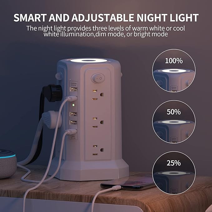 Surge Protector Power Strip Tower with 5 USB Ports and Night Light, 10FT Extension Cord with 12 AC Multiple Outlets, PASSUS Power Tower, Overload Protection for Home Office Dorm Room (2PC-White)