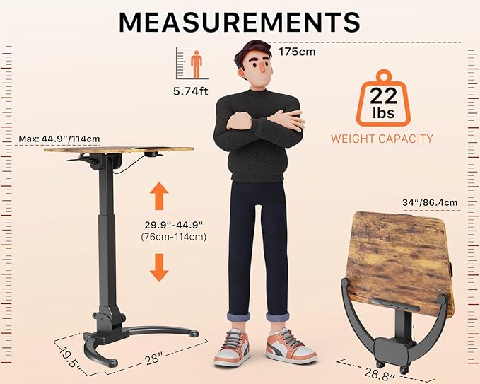 JOY worker Foldable Mobile Standing Desk, Pneumatic Height Adjustable Sit Stand Desk, 90° Tiltable Rolling Laptop Table, Portable Workstation with Non-Slip Mat for Home Office, Holds Up to 22lbs