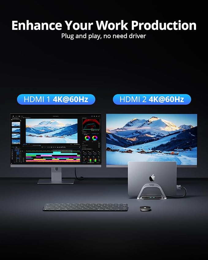 4URPC MacBook Pro Docking Station Dual Monitor 4K@60Hz with 100W Power Adapter, USB C Docking Station Vertical Stand for MacBook Pro/Air with 2 HDMI, USB 3.0, SD&microSD, Ethernet, Audio