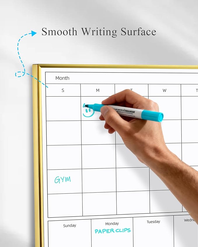4-in-1 Dry Erase Calendar for Wall with Golden Aluminum Frame, 17x13 inches Magnetic Monthly & Weekly Planner Whiteboard, Cork Board Combo, Hanging White Board for Decor/Memo(4H1-Gold,4333)