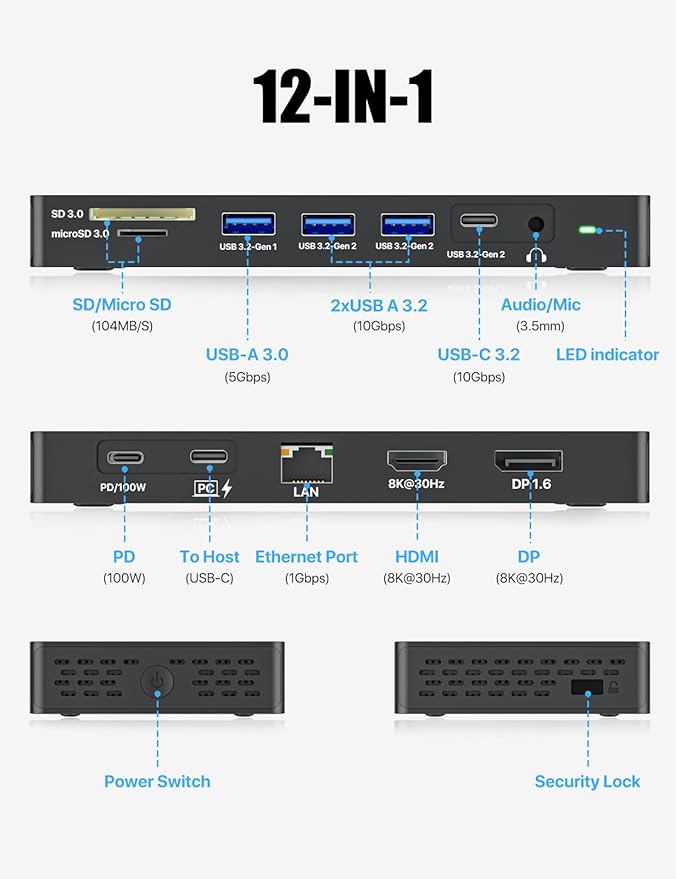 ZIUMIER USB C Docking Station Dual Monitor, 12 in 1 Laptop Docking Station - Single 8K or Dual 4K Displays, 1 HDMI, 1 DP, 100W PD, 3x10Gbps USB-A/C Data, 5Gbps USB-A Data, Ethernet, Audio, SD/Micro SD