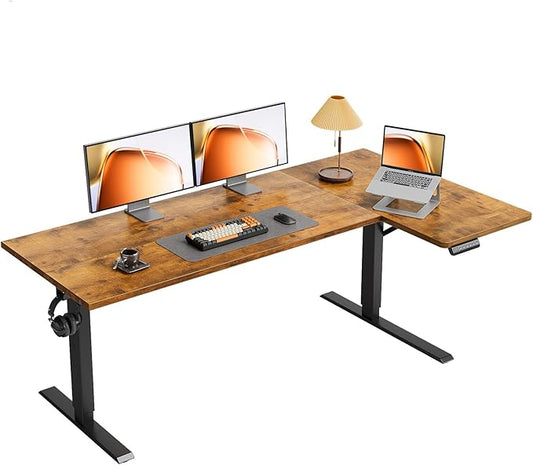 OffiGo Electric L Shaped Standing Desk, 63 Inches Height Adjustable Table, Reversiable Corner Stand Up Desk, Lifting Computer Table for Home Office, Computer Workstation, Rustic Brown
