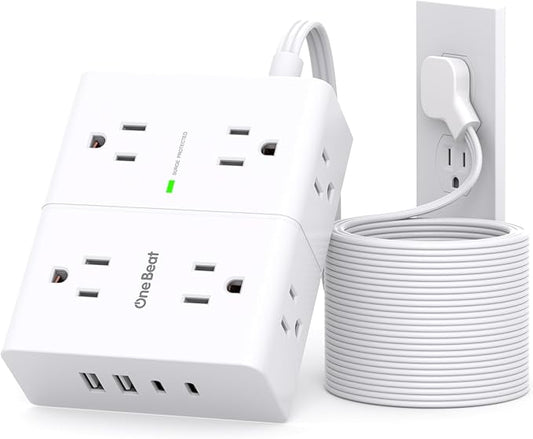 Surge Protector Power Strip 20 ft Cord, Flat Plug Extension Cord with 8 Outlets 4 USB Ports(2 USB C), 3 Side Wall Mount Outlet Extender, Long Extension Cord for Home Office Dorm Room Essentials