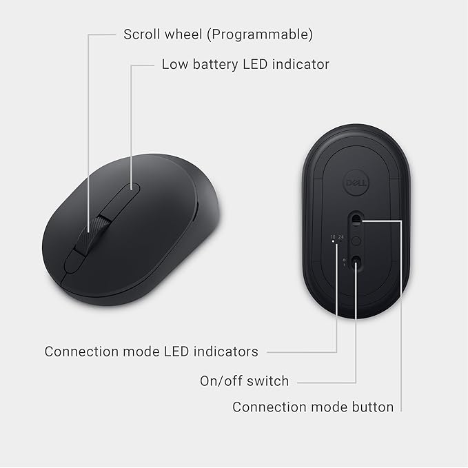 Dell MS5120W Mobile Pro Wireless Mouse – Wireless 2.4GHz, Bluetooth 5.0, Microsoft Swift Pair/Dell Pair (Windows 10 & 11 only), Optical LED Sensor - Black