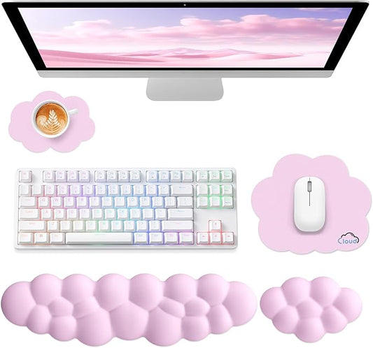 Cloud Wrist Rest for Computer Keyboard, 4-in-1 Memory Foam Leather Cloud Keyboard Wrist Rest and Mouse Pad Set with Ergonomic Support for Arm and Palm Cushion, Gaming/Work Setup, Pink
