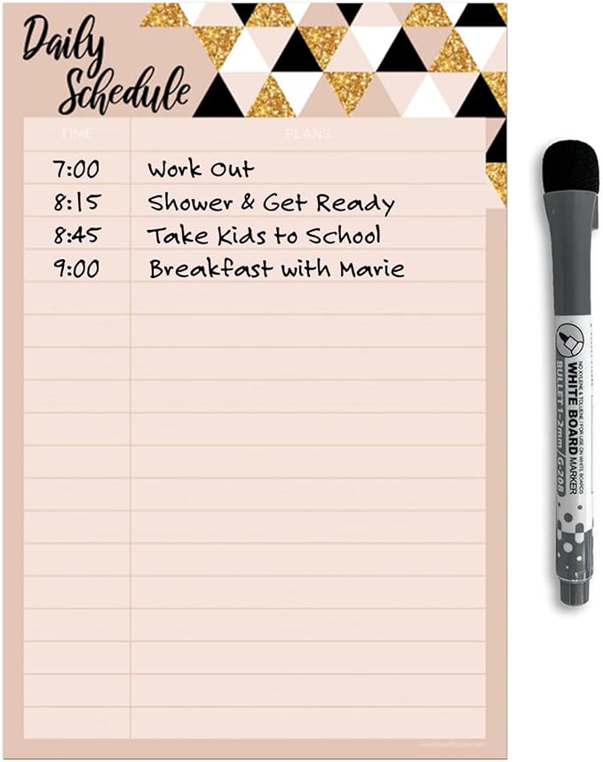 Dry Erase Daily Schedule Planner Sticker Decal by Glassboard Studio | Removable & Reusable | Magnetic Fine-Tip Marker Included (6 x 9 inches, Rose & Gold)