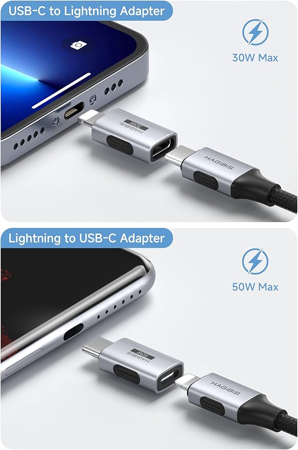 Hagibis Lightning to USB-C Adapter 2 Pack, 50W Fast Charging Lightning Female to Type-C Male Charging Converter, Date Transfer for iPhone 15/16/17 Pro Max AirPods 2 iPad Pro (ZJTN04)