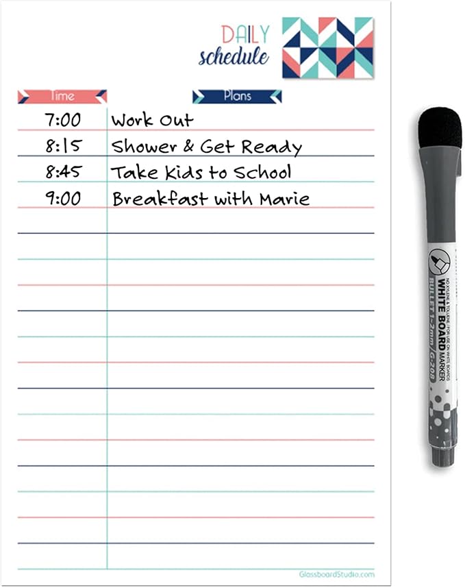 Dry Erase Daily Schedule Planner Sticker Decal by Glassboard Studio | Removable & Reusable | Magnetic Fine-Tip Marker Included (6 x 9 inches, Geometric)