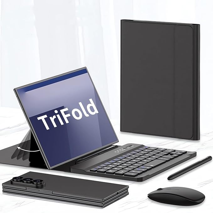 for Samsung Galaxy Z Fold 7 6 5 Keyboard and Mouse, Portable Mini 7.9 inch Bluetooth Keyboard with Leather Stand Case and Pen, 4 in 1 Travel Set for Z Trifold Fold7 Accessories,Black