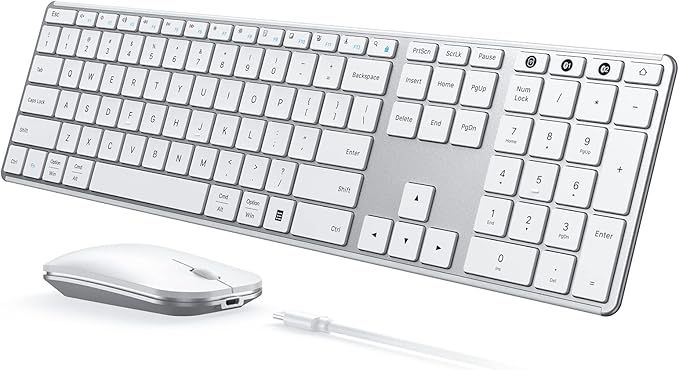 seenda Wireless Bluetooth Keyboard and Mouse Combo, SKM64-3 Rechargeable Slim Quiet Keyboard Mouse, 3 Multi-Device Connection, Compatible for Windows, Mac, MacBook, iPad, Tablet, White Silver