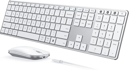 seenda Wireless Bluetooth Keyboard and Mouse Combo, SKM64-3 Rechargeable Slim Quiet Keyboard Mouse, 3 Multi-Device Connection, Compatible for Windows, Mac, MacBook, iPad, Tablet, White Silver