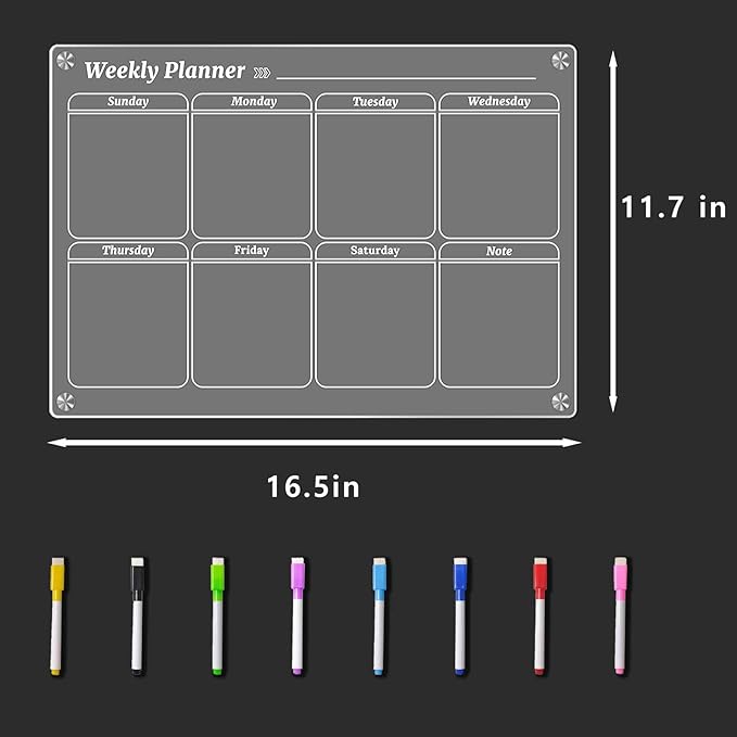 Weekly Magnetic Calendar for Fridge, Clear Dry Erase Board Calendar with 8 Markers, 16.5"x11.7"