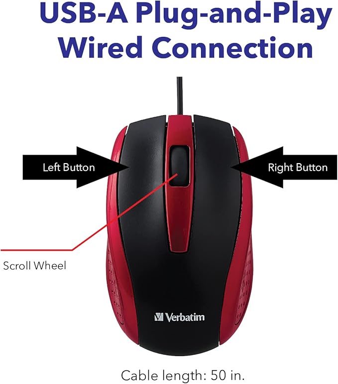 Verbatim 99742 Wired USB Computer Mouse - Corded USB Mouse for Laptops and PCs - Right or Left Hand Use, Red, 1.4" x 2.4" x 3.9"