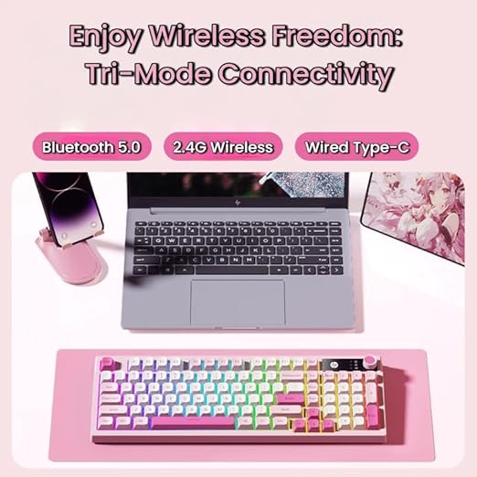 HP K500F Wireless RGB Keyboard, Tri-Mode (2.4G/BT/Wired), 99 Keys Membrane Keyboard with Volume Knob, 3000mAh Battery, Adjustable RGB Breathing Light, Round Keycaps, Windows Compatible, Pink