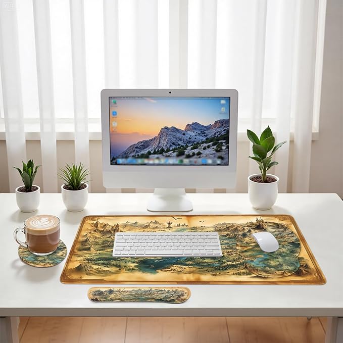 Fantasy Map Mouse Pad Set Vintage Medieval Dragon Castle World Gaming Mousepad 4in1 Desk Mat for Desktop Anti-Slip XXL Big Computer Ergonomic Mousepad with Wrist Support for Keyboard and Mouse