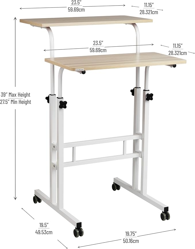 Mind Reader Standing Desk, Adjustable Height Laptop Workstation, Portable Rolling Desk on Wheels, Two-Tier Metal Frame, White