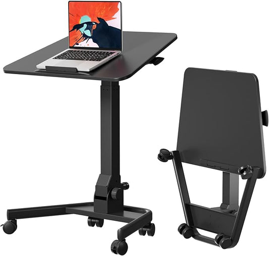 Foldable Mobile Standing Desk, Pneumatic Height Adjustable Rolling Sit Stand Desk, 90° Tiltable Portable Laptop Cart on Wheels, Mobile Desk Workstation for Home Office, Easy to Fold