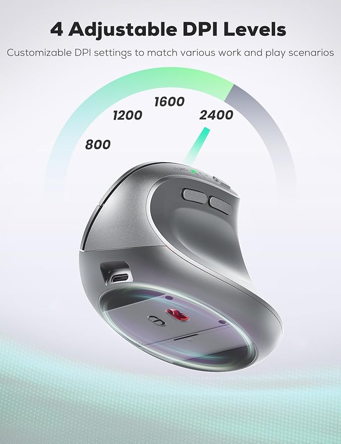 Nulea MD280 Ergonomic Vertical Wireless Mouse - Bluetooth & 2.4G Dual Mode, 4 Adjustable DPI 800/1200/1600/2400, Rechargeable, Silent Clicks, No Lag, 6 Buttons - Perfect for Laptop, Desktop Grey