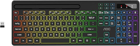 AOC KB600 Wireless Keyboard with 7-Color RGB Backlit, 2.4GHz Full-Size Computer Keyboard with Phone Tablet Holder, Number Pad, 22 Multimedia Hotkeys, Rechargeable for Mac, Windows