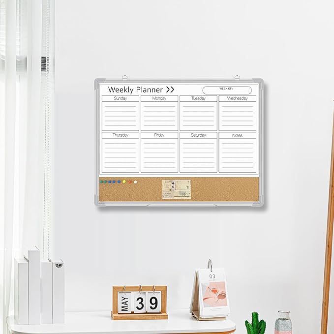 Lincia 24 x 18 Inches White Board Weekly Calendar Dry Erase 2-in-1 Whiteboard Cork Board Combo Weekly Planner Whiteboard Wall Magnetic for Wall Aluminum Frame Calendar Home Office Project