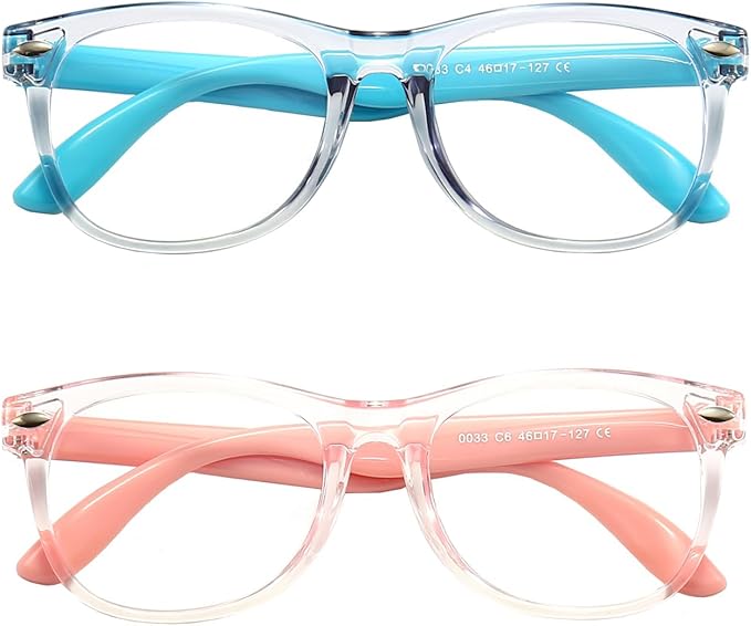 2 Pack kids Blue Light Blocking Glasses For Girls And Boys Computer Blue Light Blocking Glasses For Age 3-11 (Light blue + Light pink)