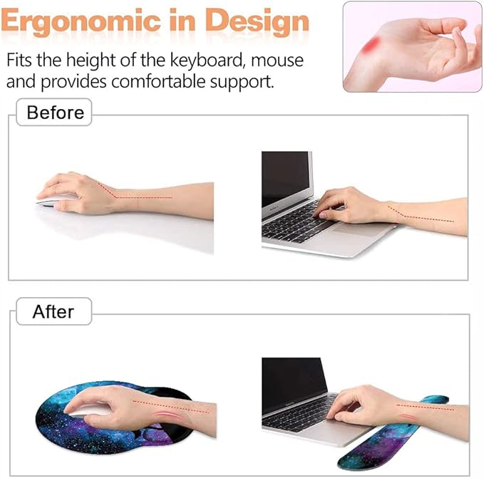 Keyboard Wrist Rest and Mouse Wrist Rest Pad Set with Coasters, Ergonomic Support, Non-Slip PU Base, Easy Typing and Relieve Wrist Pain, Perfect for Home Office Working Studying, Galaxy Nebula Wolf