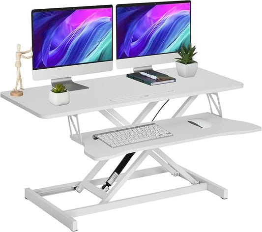 38-Inch Height Adjustable Standing Desk Converter, Duals Monitor & Laptop Riser with Wide Keyboard Tray, Sit to Stand Ergonomic Workstation for Home Office, School, Business, White