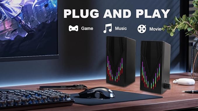Black Wired Computer Speakers, USB Powered Gaming Speakers with Zero-Lag Audio, Dynamic RGB Lighting, 3.5mm Aux Cable for PC Desktop Monitor Laptop Tablet