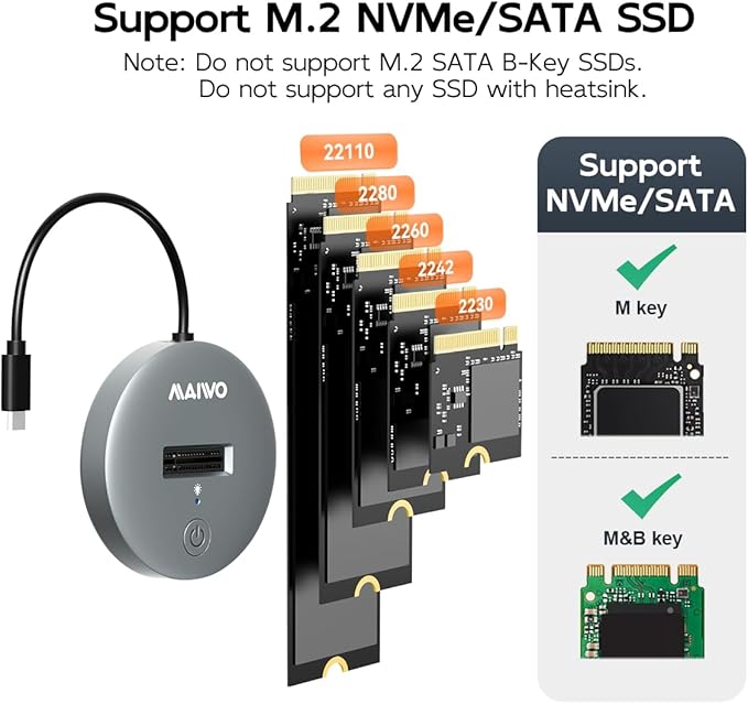 MAIWO M.2 NVMe SATA SSD to USB C Adapter, USB3.2 GEN2x1 10Gbps with UASP Trim, 8TB Capacity, Tool Free M.2 Drive Docking Station