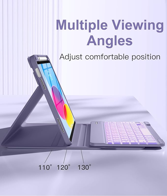 Hamile for iPad 11th 10th Generation Case with Keyboard - 7 Colors Backlit Wireless Detachable Folio Keyboard Cover with Pencil Holder for iPad 11-inch A16 2025 10th Gen 10.9 Inch 2022 (Lavender)