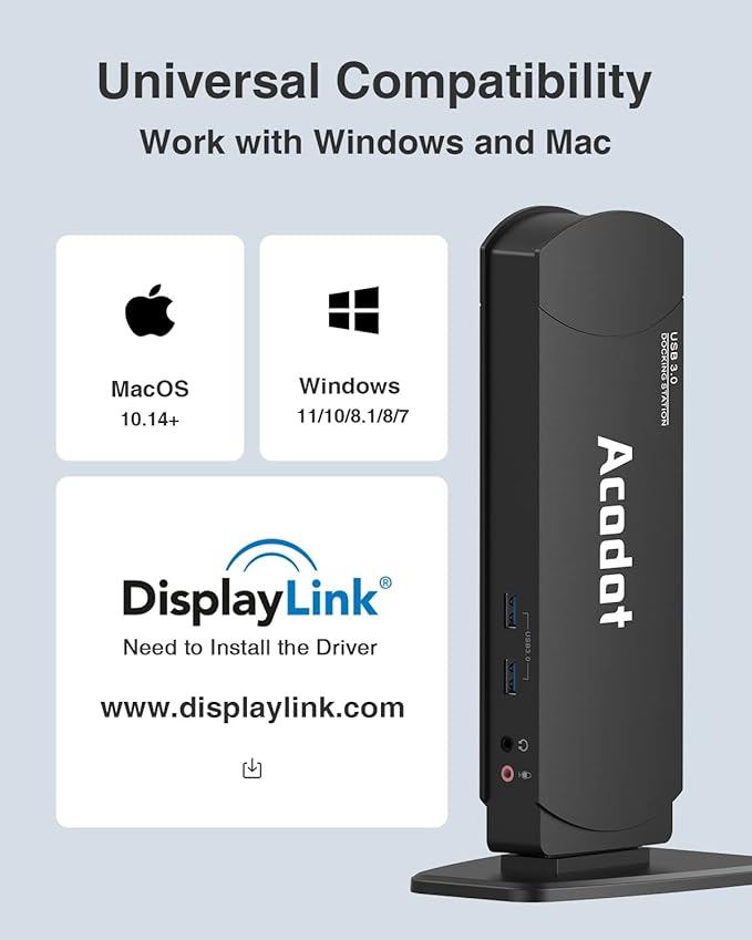 USB 3.0 Universal Docking Station, Acodot 13 in 1 Laptop Docking Station Dual Monitor for Windows and Mac, USB C Docking Station with HDMI, VGA, DVI, 6X USB 3.0, Gigabit Ethernet, Audio