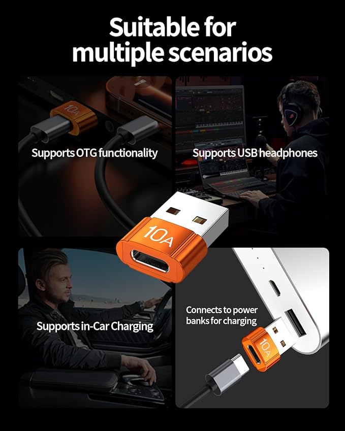 USB to USB C Adapter 10 Pack,10A 200W Fast Charging USB2.0 480Mbps Data Transfer,USB C Female to A Male Charger Converter for Ma-cBook Pad Phone 17/16/15 G-alaxy Smartphone Laptop Tablet Orange