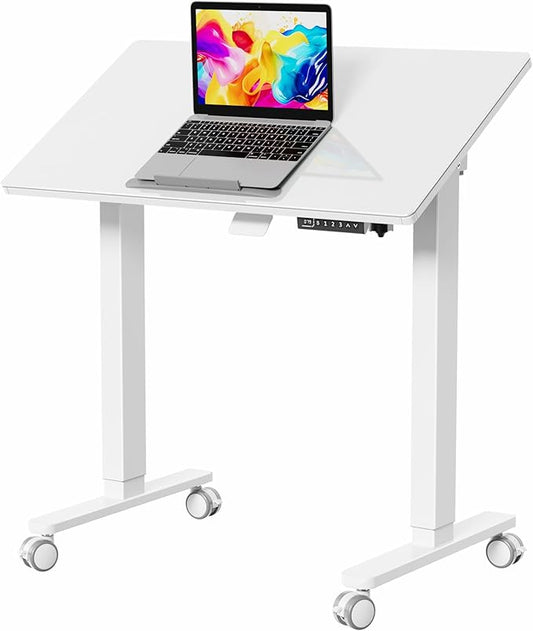 35inch Glass Standing Desk，90° Tiltable Mobile Rising Desk Height Adjustable，Whole Piece Rolling Drafting/DrawingTable with Wheels，Foldable Small Laptop Art Desk，White