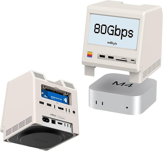M5 Retro Dock Station for Mac mini M4 Pro, 80Gbps M.2 NVMe SSD Enclosure with Cooling Fan, Compatible for Thunderbolt 5/4/3/USB 4, 5'inch HD Display, SD/Micro SD Reader 4.0, 8K@60Hz Displayport
