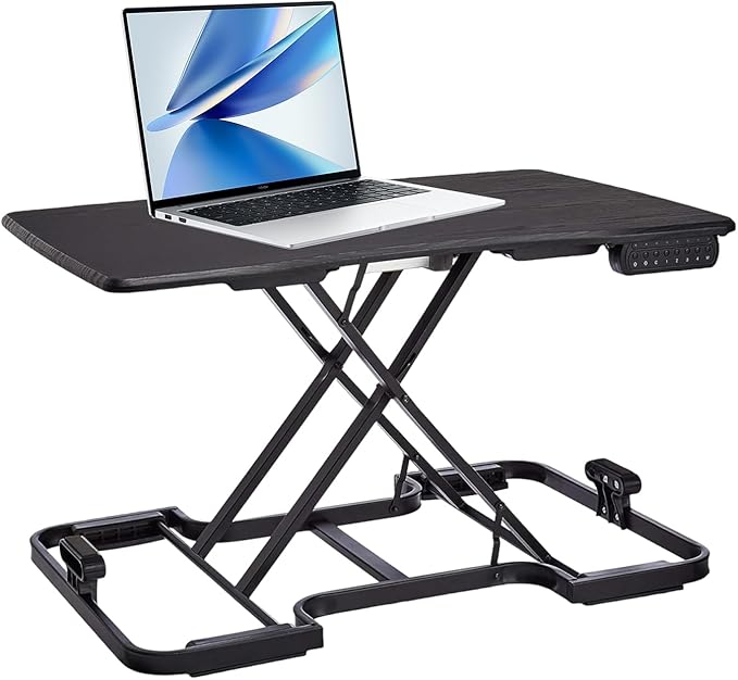 Electric Standing Desk Converter, 32 Inch Height Adjustable Sit Stand Desktop Riser, 5-Level Portable Computer Workstation with Wood Surface, Black