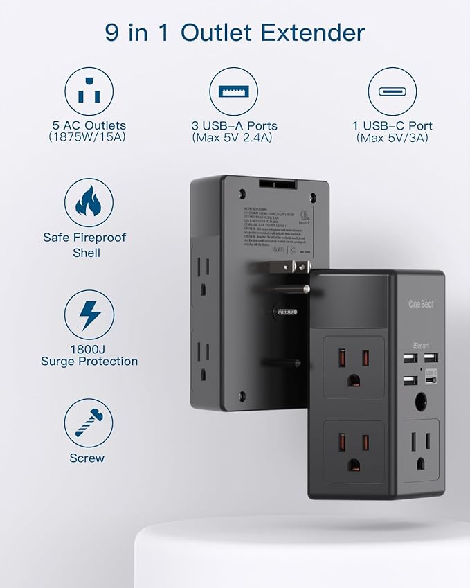 Surge Protector, 5 Outlets Extender with 4 USB Ports(USB C), 3-Side 1680J Power Strip Multi Plug Outlet Expander, USB Wall Charger, Outlet Splitter Adapter Wall Mount for Home Office ETL Listed（Black）