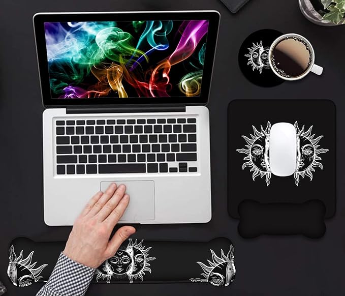 Keyboard Wrist Rest & Mouse Pad Wrist Support Set, Moon and Sun with Many Fractal Faces Celestial Energy Mystic Art Non-Slip Rubber PU Base for Home Office Working Studying Easy Typing & Pain Relief
